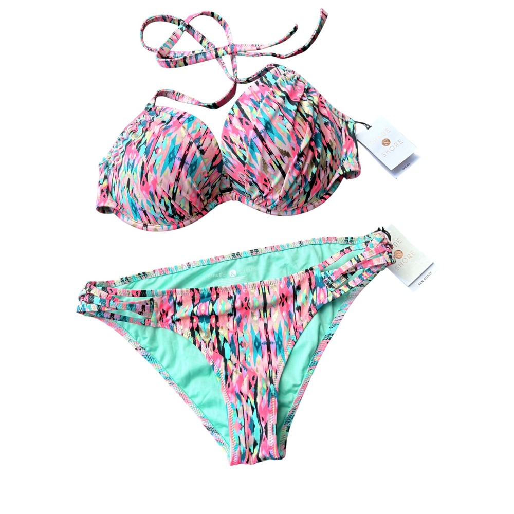 Shade & Shore Bikini Set Pink Teal Ikat‎ Metallic Push Up Top 34D Bottoms Small